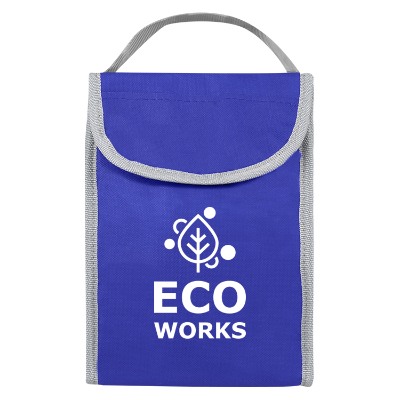 Non-woven polypropylene royal blue ID lunch bag with custom imprint.